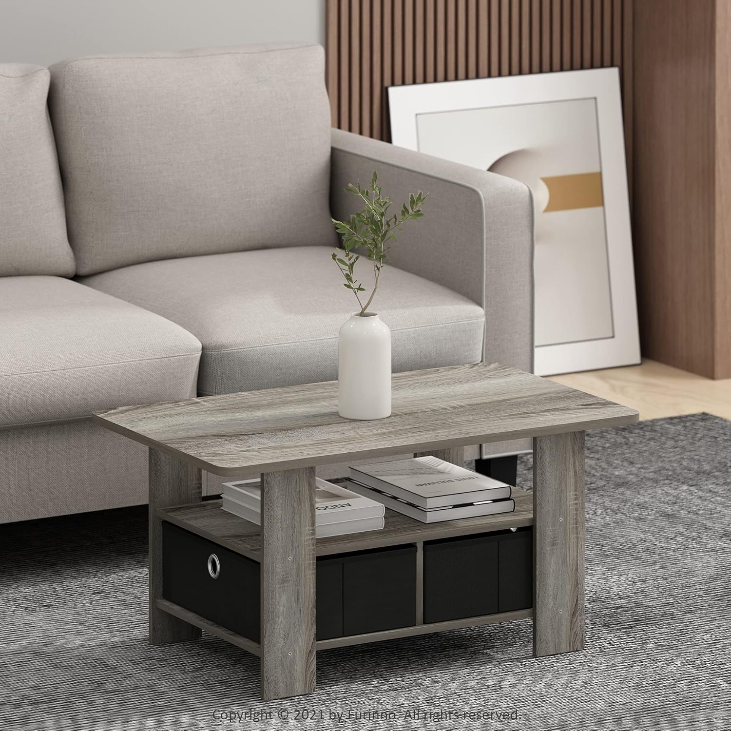 Furinno Andrey Coffee Table with Bin Drawer, French Oak Grey/Black - Image 2