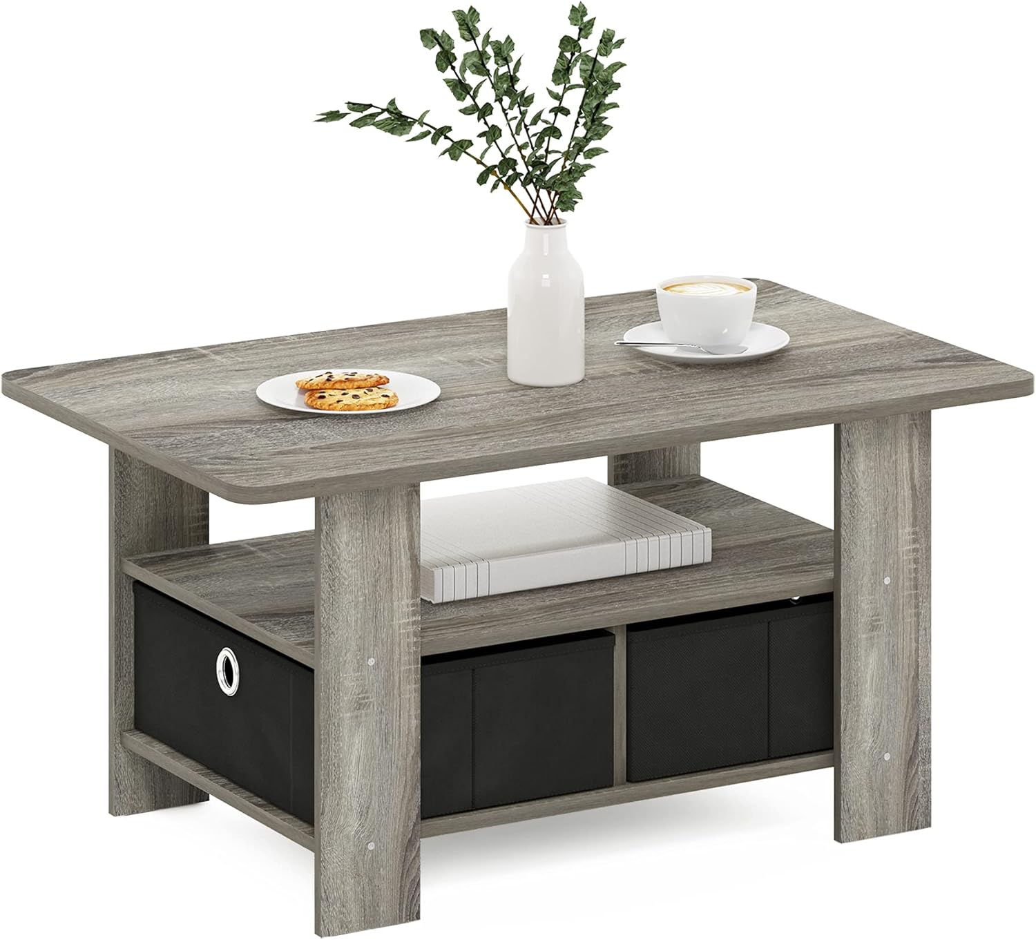Furinno Andrey Coffee Table with Bin Drawer, French Oak Grey/Black - Image 5