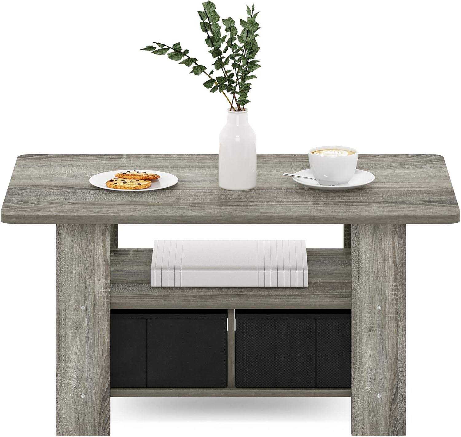 Furinno Andrey Coffee Table with Bin Drawer, French Oak Grey/Black - Image 6