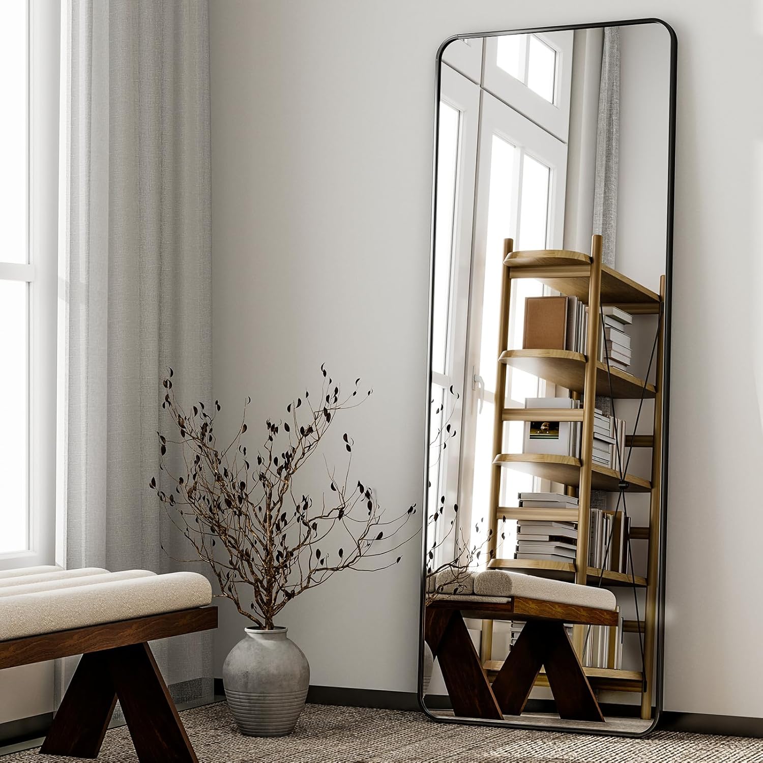 HARRITPURE 56" x 21" Rounded Full Length Mirror Aluminum Frame Black Mirror Full Length Floor Mirror with Stand for Living Room Bedroom Cloakroom - Image 2