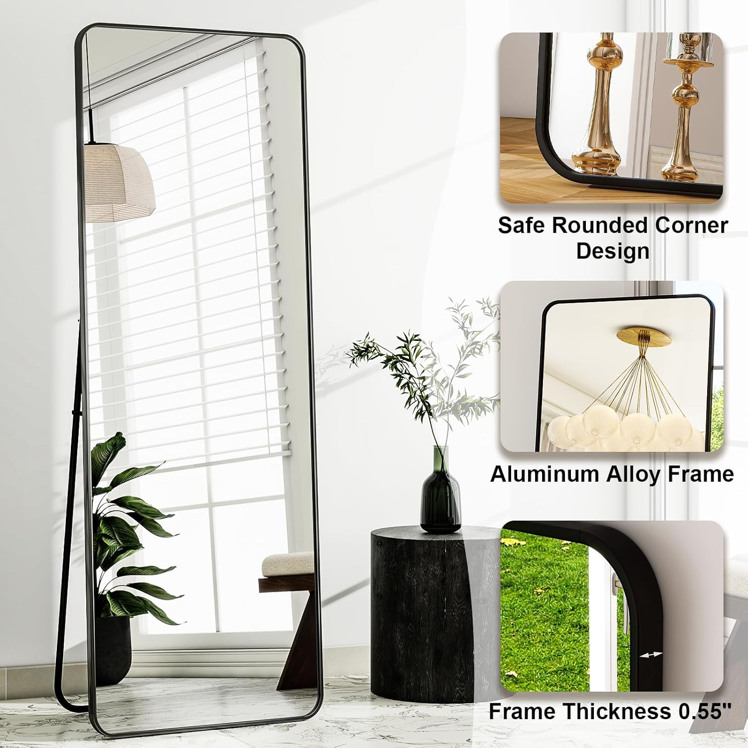 HARRITPURE 56" x 21" Rounded Full Length Mirror Aluminum Frame Black Mirror Full Length Floor Mirror with Stand for Living Room Bedroom Cloakroom - Image 3