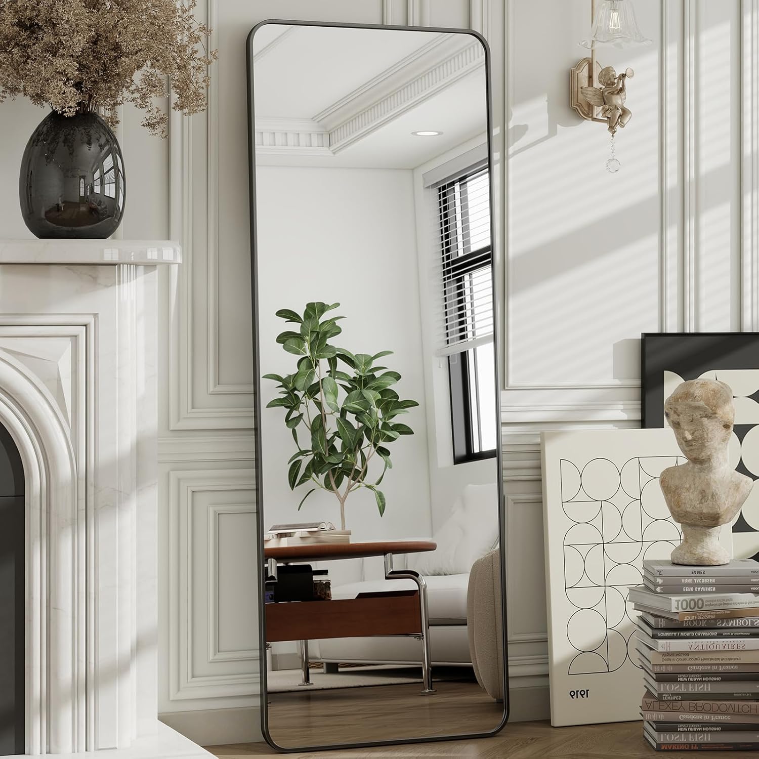 HARRITPURE 56" x 21" Rounded Full Length Mirror Aluminum Frame Black Mirror Full Length Floor Mirror with Stand for Living Room Bedroom Cloakroom - Image 5