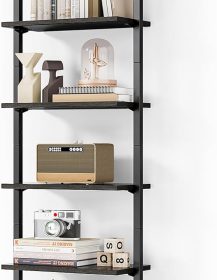 ODK Ladder Shelf, 6 Tier Black Bookshelf, 86 Inch Wall Mounted Book Shelf with Metal Frame, Ladder Bookshelf Bookcase for Bedroom, Home Office and Living Room