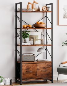 Vongrasig 5 Tier Bookshelf with 2 Drawers, Industrial Tall Bookcase, Modern Display Bookshelves Wood and Metal Shelf, Free Standing Storage Organizer for Office, Living Room, Brown